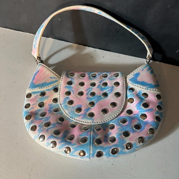 BCBG Studded Tie Dye Wristlet Bag Blue Pink Neon Club Handbag Silver Upcycle - Picture 3 of 6